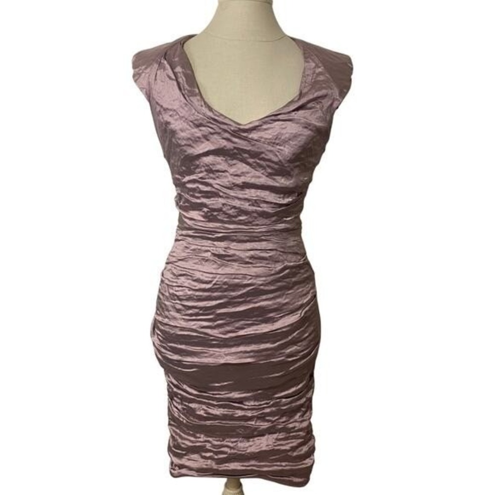 Nicole Miller Pink Metallic Crinkle Ruched Bodycon Cocktail Dress 6 Cap Sleeve